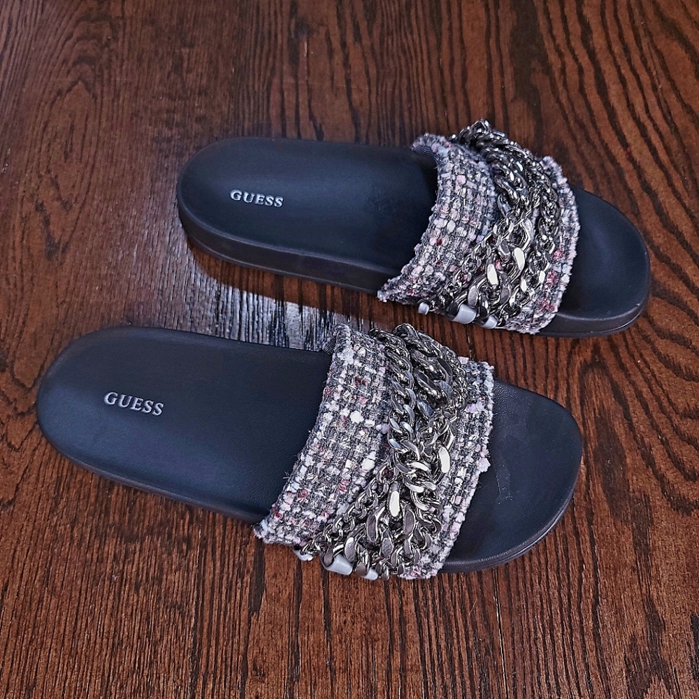 GUESS NIB Black Tweed Chain Salema Flat Sandal Slides Shoes - Womens Size 9M